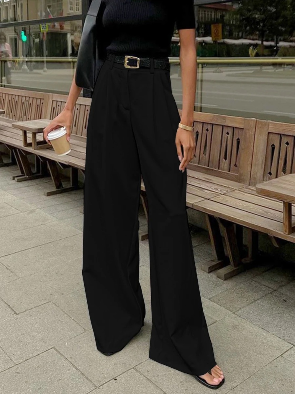 Commense Solid Wide Leg Pants Without Belt